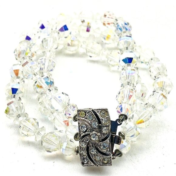 Triple Strand Beaded Bracelet Silver Tone Rhinestone Clasp Sunburst Glam Bling - Picture 1 of 8